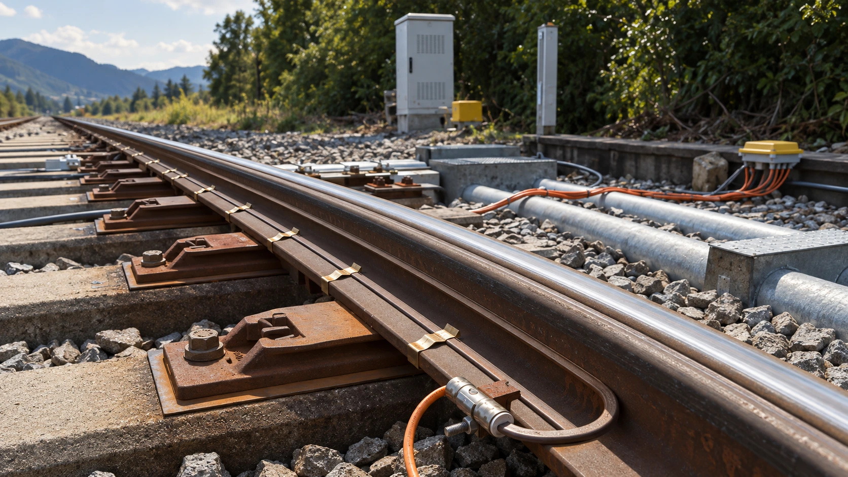Detail einer elektrischen Weichenheizung mit Halteklammern, Anschluss und orangefarbener Zuleitung am Gleis